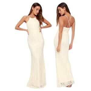 Lulus Zenith Lace Halter Gown Floral Ivory Cream Small